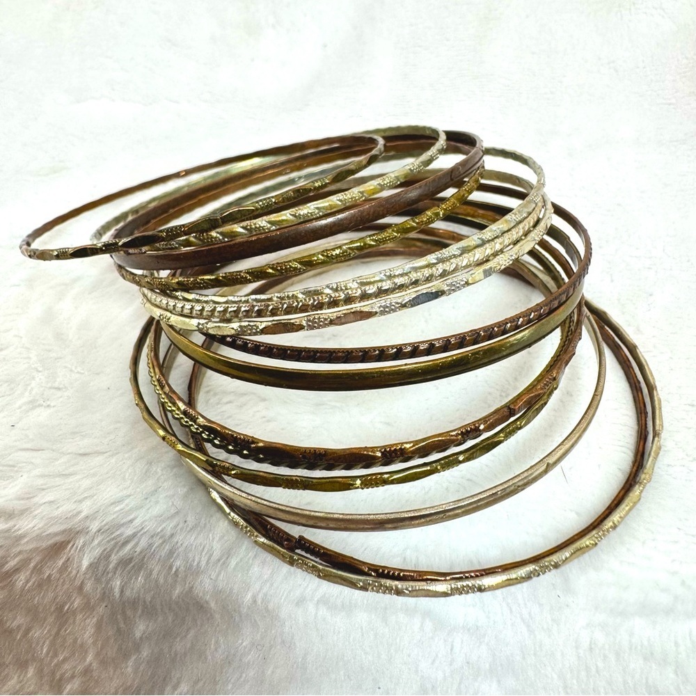 Vintage Set of 15 Stacking Bracelets Silver Gold Copper Tones